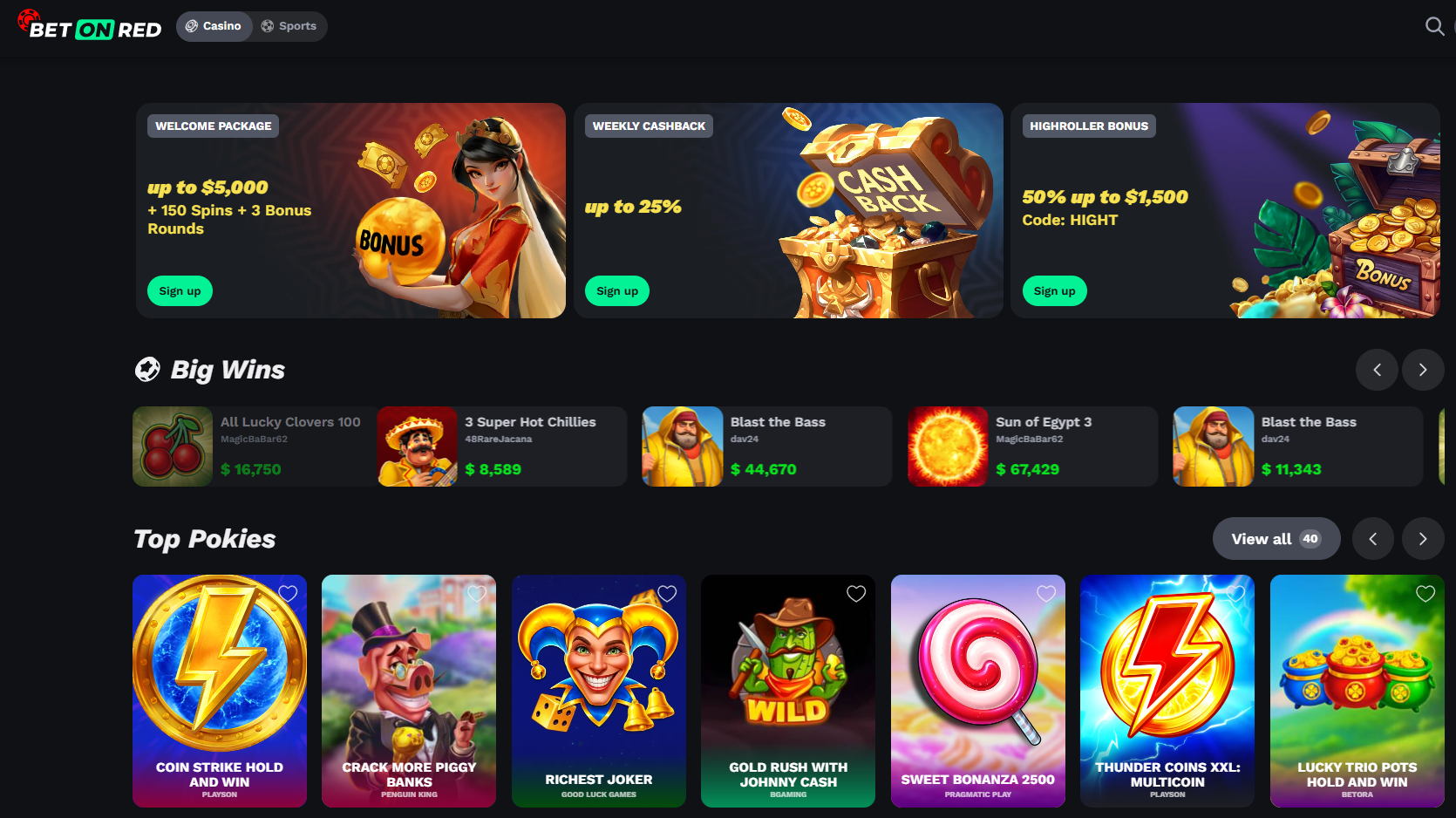 BetOnRed casino lobby with slots and live games