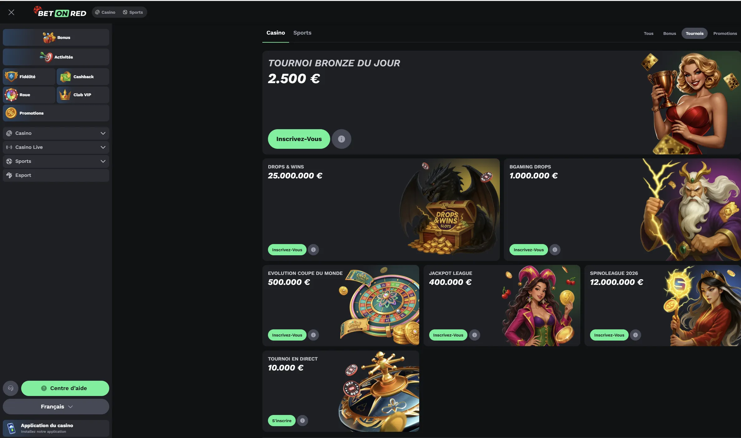 Tournois casino et cagnottes BetOnRed