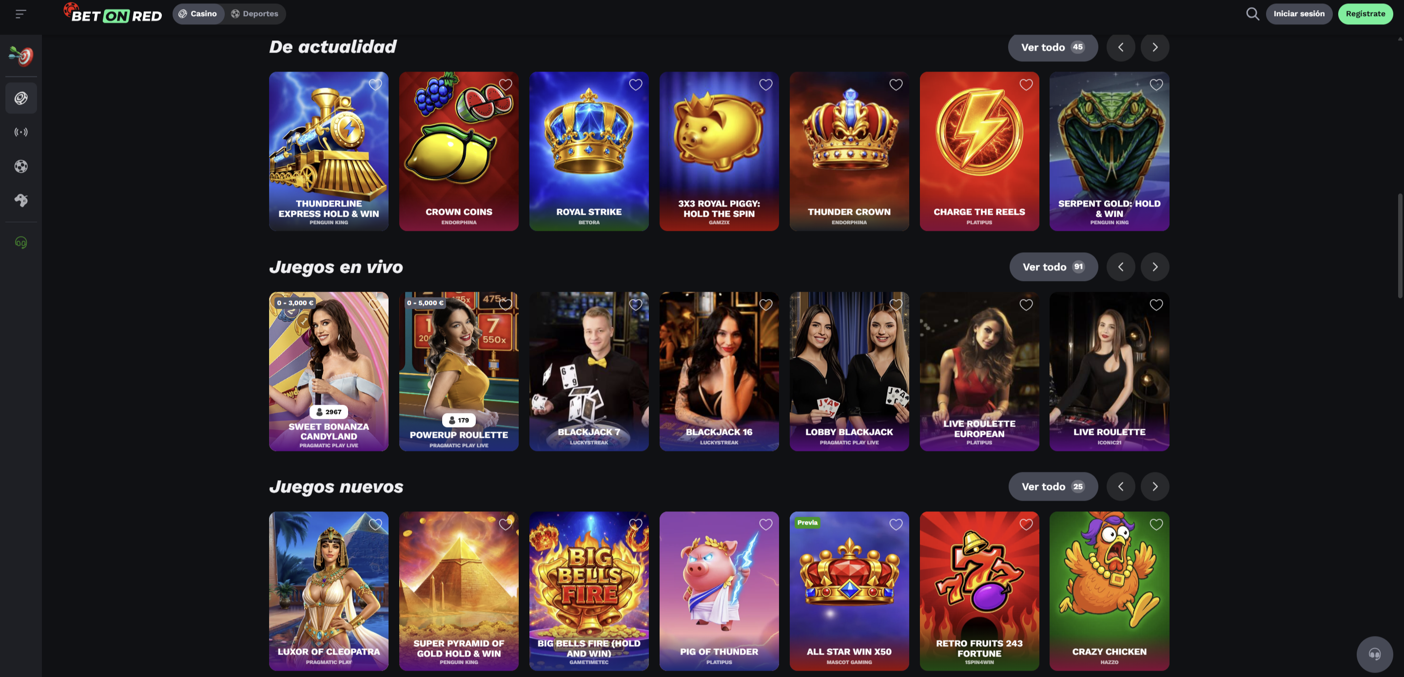 Lobby BetOnRed Casino con slots y juegos en directo