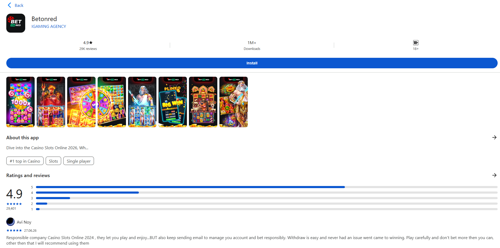 BetOnRed app listing screenshot with install button and screenshots