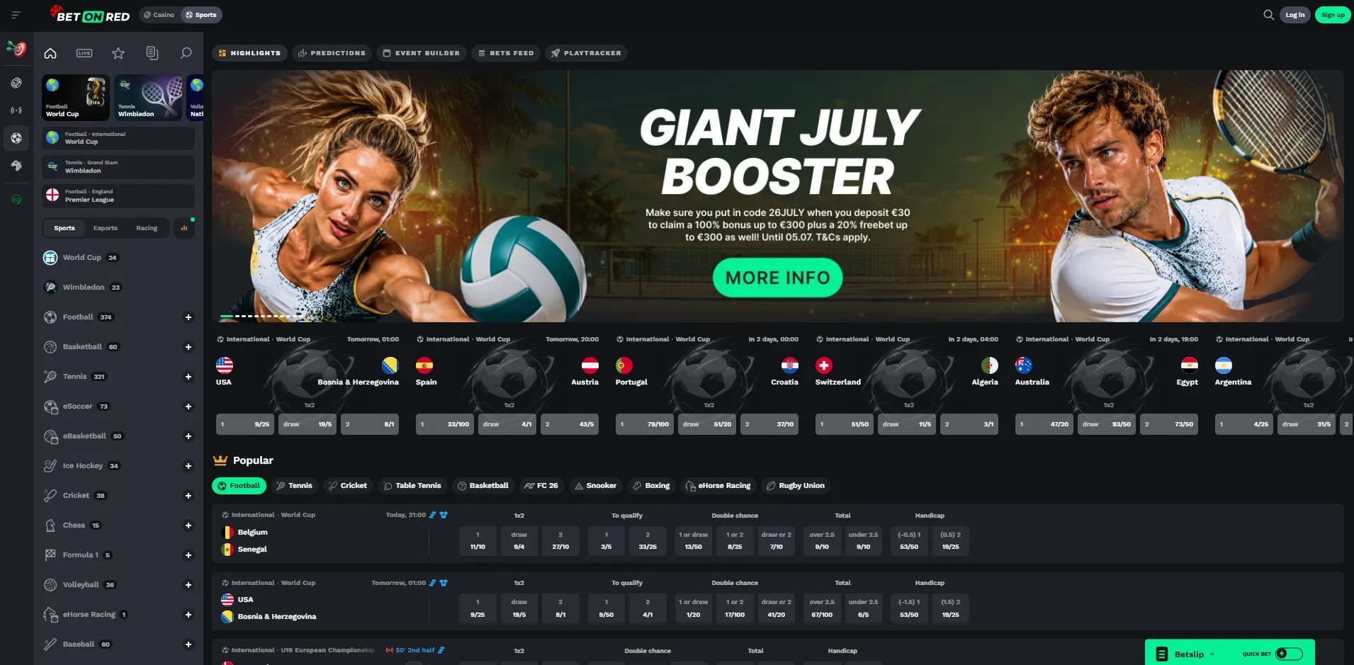 BetOnRed Sportsbook main betting interface with odds and bet slip