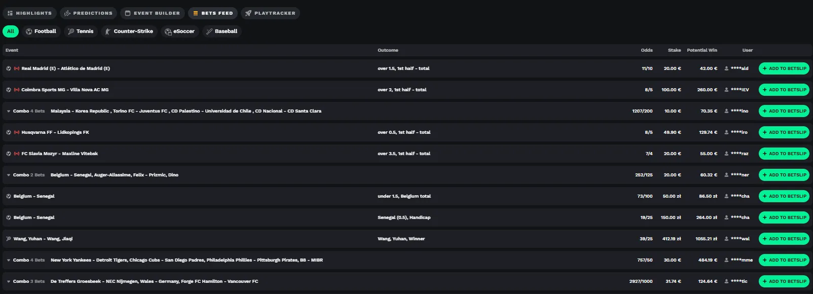BetOnRed Bets Feed with live betting activity and potential win values