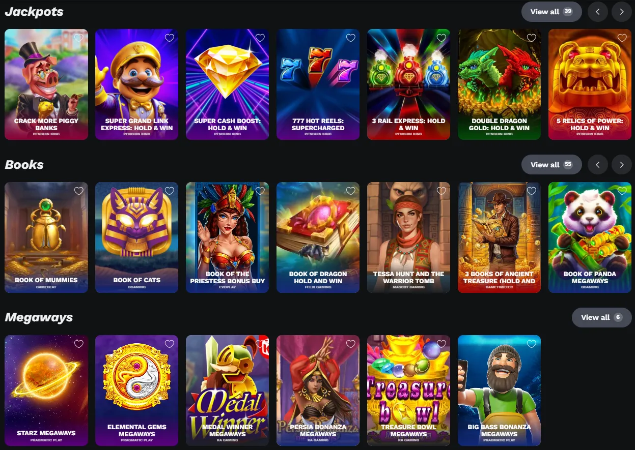 BetOnRed Jackpots, Books and Megaways slot categories