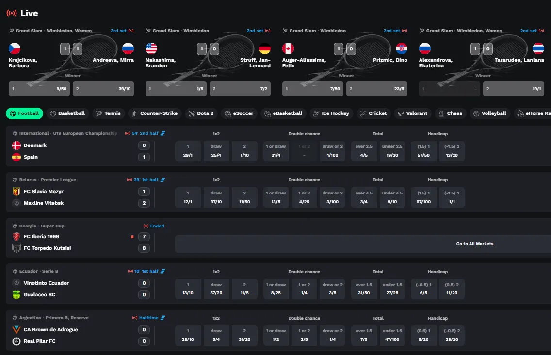 BetOnRed live betting interface with football and tennis in-play markets