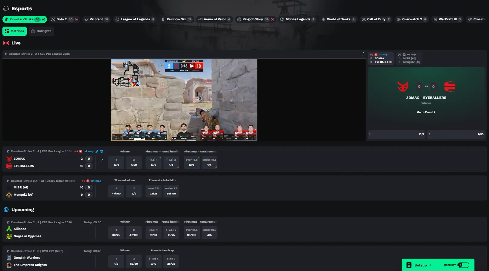 BetOnRed Sportsbook esports menu with Counter-Strike, Dota 2 and Valorant