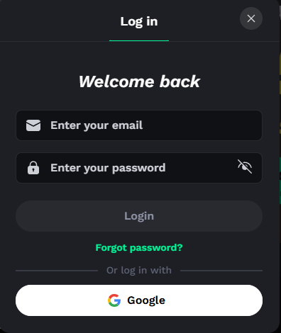 BetOnRed login form with email, password, Google login and forgot password