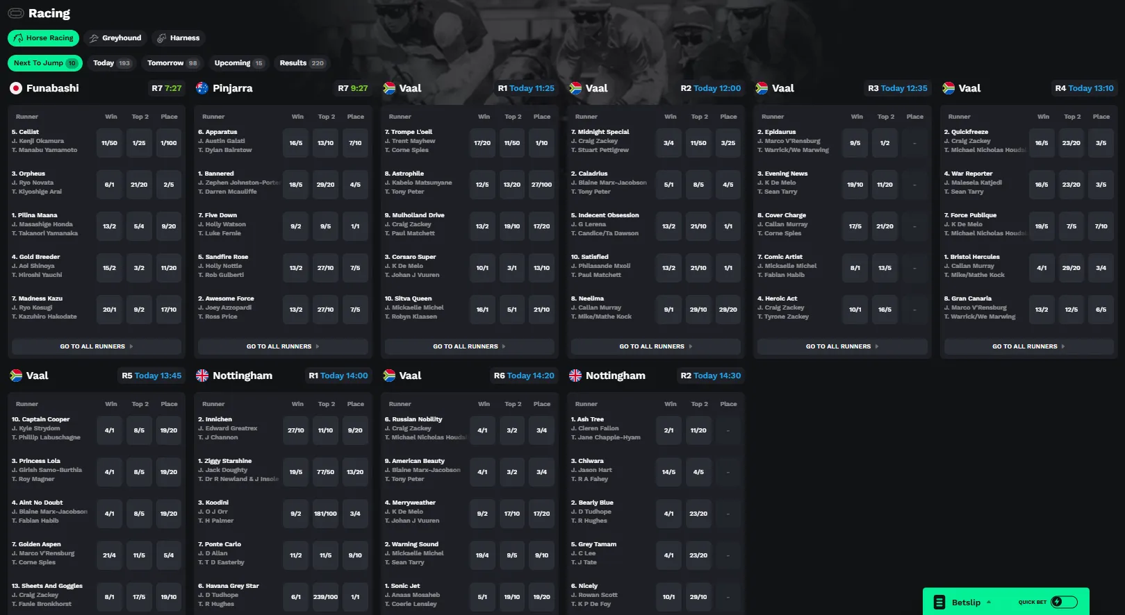 BetOnRed Sportsbook racing menu with horse racing and greyhound