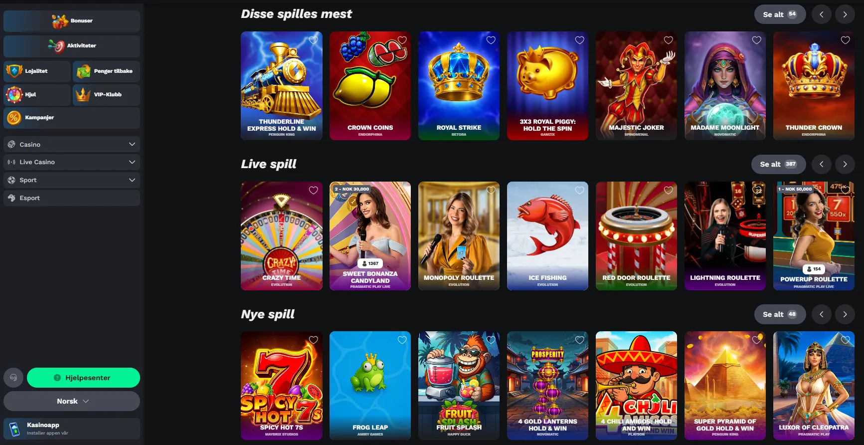 BetOnRed Casino Norge lobby med slots og live casino
